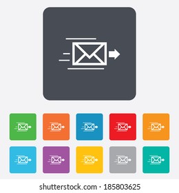 Mail delivery icon. Envelope symbol. Message sign. Mail navigation button. Rounded squares 11 buttons. Vector