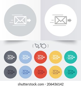 Mail delivery icon. Envelope symbol. Message sign. Mail navigation button. Round 12 circle buttons. Shadow. Hand cursor pointer. Vector