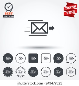 Mail delivery icon. Envelope symbol. Message sign. Mail navigation button. Circle, star, speech bubble and square buttons. Award medal with check mark. Thank you ribbon. Vector