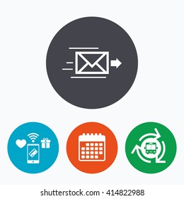 Mail delivery icon. Envelope symbol. Message sign. Mail navigation button. Mobile payments, calendar and wifi icons. Bus shuttle.