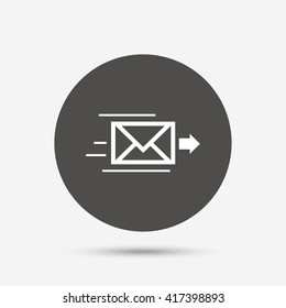Mail delivery icon. Envelope symbol. Message sign. Mail navigation button. Gray circle button with icon. Vector