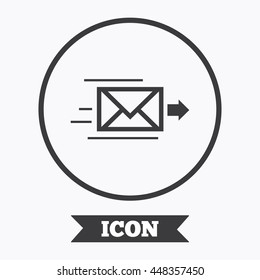 Mail delivery icon. Envelope symbol. Message sign. Mail navigation button. Graphic design element. Flat symbol in circle button. Vector