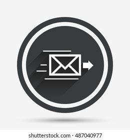 Mail delivery icon. Envelope symbol. Message sign. Mail navigation button. Circle flat button with shadow and border. Vector
