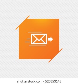 Mail delivery icon. Envelope symbol. Message sign. Mail navigation button. Orange square label on pattern. Vector