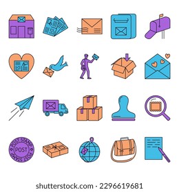 Mail delivery icon set in colored line style. Post station and services. Vector illustration.