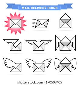 Mail delivery icon set. Nice mail envelopes with cute wings.