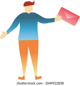 Mail Delivery Icon. Vector Human Character With Envelope. Businessman Send Email Illustration. Postman Holding Newsletter, Postcard Or Business Letter In Hand Isolated On White