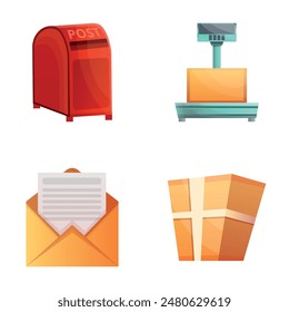 Mail delivery icons set cartoon vector. Cargo scale, mailbox parcel and letter. Delivery concept