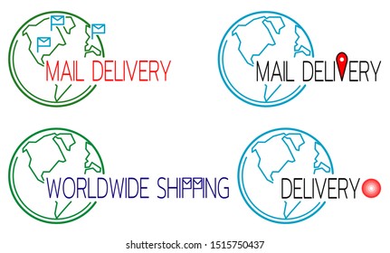 Mail delivery icons set with globe outline. Template for logo postal logistics. Vector