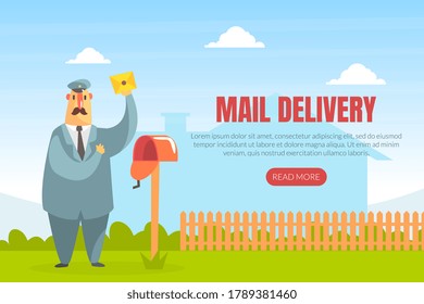 Mail Delivery Landing Page Template, Cheerful Postman Delivering Letter Web Page, Mobile App, Homepage Vector Illustration