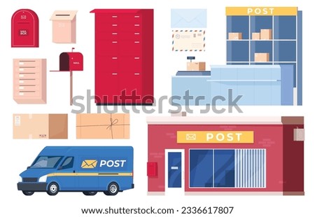 Mail delivery of letters and packages. Elements of the Postal Service. Post Office. Vector illustration