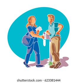 Mail delivery person talking to a customer at their mail box