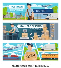 Mail delivery, post office and postal transportation services vector design. Postmen with parcel boxes, letters, packages and envelopes, trucks, bicycle and planes, train, ship and stockroom conveyor