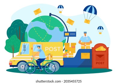 Postzustellung, Postdienst, Vektorgrafik. Menschen Kurier Charakter verteilen Paket, Flat Briefe in der Nähe von Briefkasten, Postwagen.