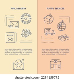 Mail delivery and postal services banners template in line style. Vector illustration.