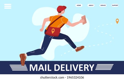 Mail delivery Postman running with bag delivering letter in envelope. Mailman in cap carrying mail, delivery service concept. Vector illustration