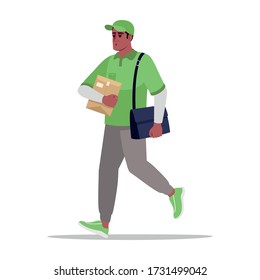Mail delivery semi flat RGB color vector illustration. Postman in shirt with bag. Worker with cardboard package for order. Male african courier in green uniform isolated cartoon characters kit