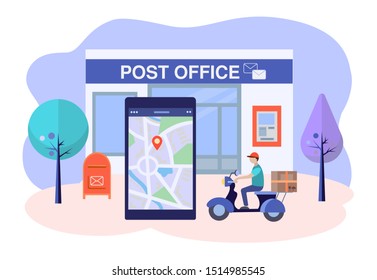 Mail delivery service, express delivery of parcels and correspondence via navigation of electronic devices. Modern mail concept vector illustration.