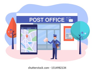 Mail delivery service, geolocation determination using electronic devices. Fast delivery of correspondence and parcels. Modern mail concept vector illustration.
