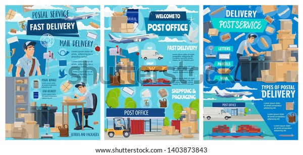 Mail delivery\
service and post office postman courier profession. Vector postal\
logistics of correspondence magazines, letter envelopes and\
parcels, avia delivery and post\
warehouse