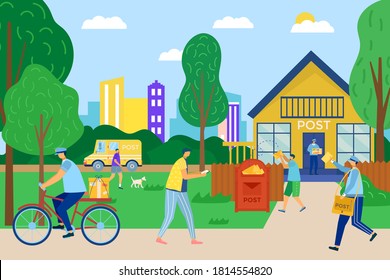 Servicio de entrega de correo, ilustración vectorial. Postman, mensajero de correo de sexo masculino delante de la oficina de correos entrega el paquete. Buzón para letras. Embalaje y entrega de correo y paquetes, envío de carga.