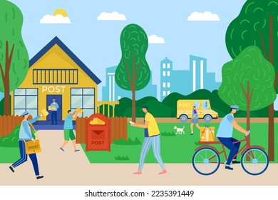 Mail delivery service, vector illustration. Postman male postal courier man in front of post office delivering package. Mailbox for letters.