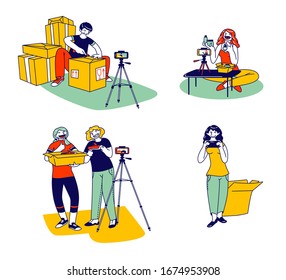 Concepto de Blogueo de Envío de Correo. Blogueros hombres y mujeres abren paquetes grabando videos de desboxeo para Internet. Transmisión en vivo de los medios sociales. Ilustración de vectores de personas lineales