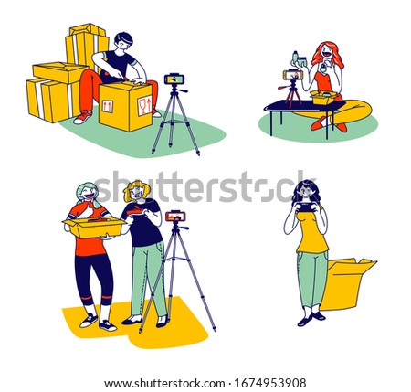 Mail Delivery Shipment Blogging Concept. Men and Women Bloggers Characters Opening Parcel Boxes Recording Unboxing Video for Internet. Live Streaming Social Media. Linear People Vector Illustration