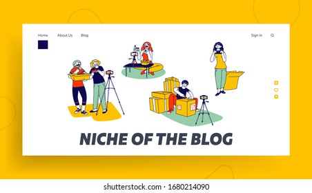Mail Delivery Shipment Blogging Landing Page Template. Bloggers Characters Opening Parcel Boxes Recording Unboxing Video for Internet. Live Streaming Social Media. Linear People Vector Illustration