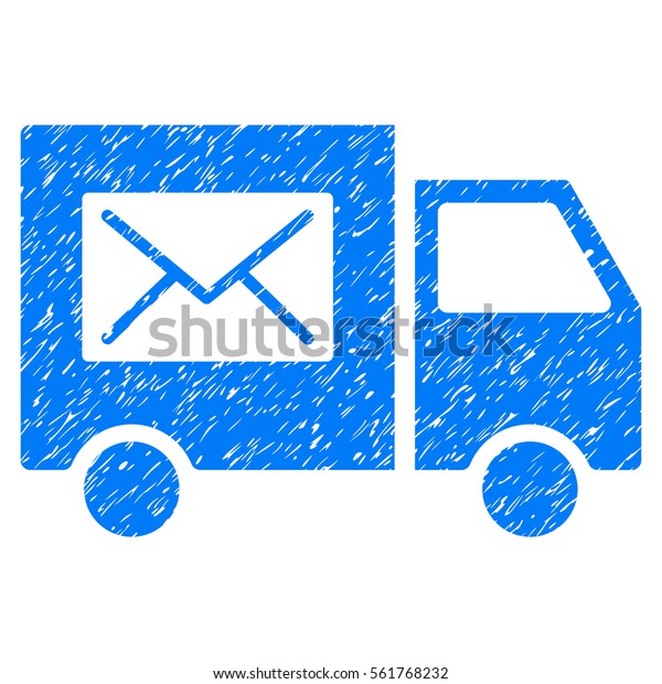 Mail\
Delivery Van grainy textured icon for overlay watermark stamps.\
Flat symbol with scratched texture. Dotted vector blue ink rubber\
seal stamp with grunge design on a white\
background.