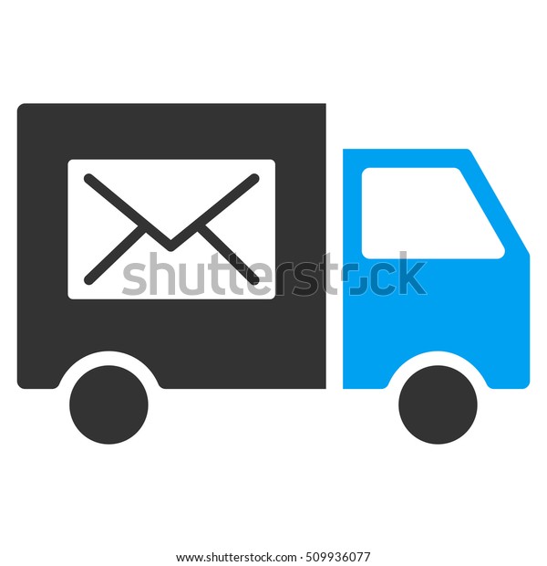 Mail\
Delivery Van vector pictogram. Illustration style is a flat iconic\
bicolor blue and gray symbol on white\
background.