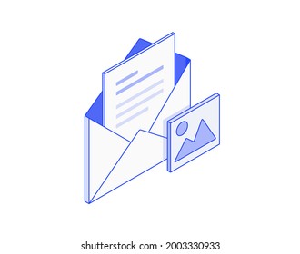 Mail, Document In Letter, Email, Send Message With JPG Image, List And Picture In Envelope Isometric Illustrate 3d Vector Icon. Modern Creative Design Illustration In Flat Line Style.