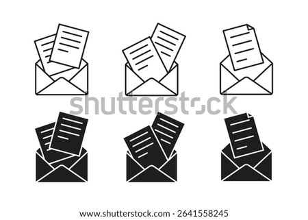 Mail with Documents Icon Set – Open Envelope with Multiple Letters in Line and Solid Style