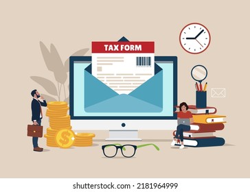 Mail with documents on monitor screen. Filing and submitting tax reports. Financial online technology. Online tax. Business people characters- boss and accountant. 