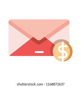 Mail with dollar coin icon vector illustration in flat color design