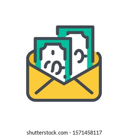Mail with dollar notes color line icon. Corruption vector outline colorful sign.