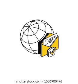 Mail earth globe. Vector line, 3d stroke isometric, color web icon, new flat style. Creative illustration design, abstract idea for infographics.