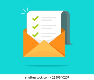 Mail email check list icon vector or exam checklist marks in digital envelope open flat cartoon illustration, idea of newsletter marketing campaign with ticks selected, electronic vote concept modern 