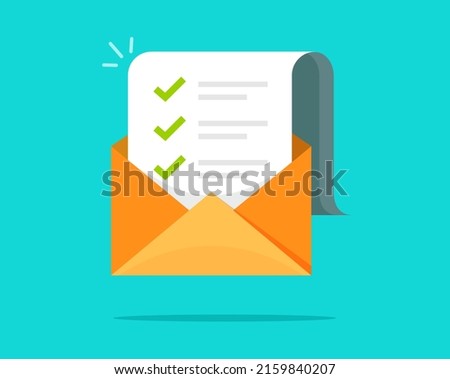 Mail email check list icon vector or exam checklist marks in digital envelope open flat cartoon illustration, idea of newsletter marketing campaign with ticks selected, electronic vote concept modern 