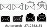Mail, e-mail, envelope, E-mail icon set. Contains new message, all newsletter, sent, open, write, reply, delete, favorite, send, mailbox, draft, response, chat, spam, post, receive, inbox. Vector icon