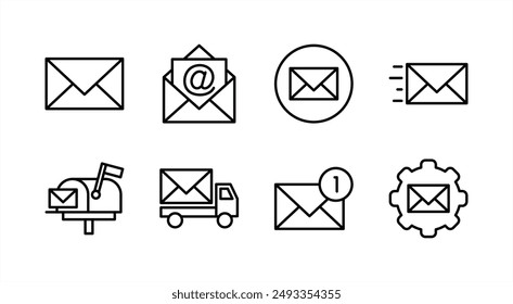 Mail, E-mail, email, envelope icon set for delivery and shipping. Containing send, inbox, contact us, electronic mail, newsletter, message, button, mailbox, post, and settings. Vector illustration