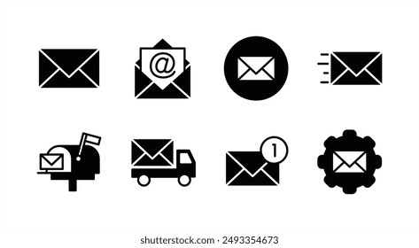 Mail, email, E-mail, envelope icon set for delivery and shipping. Containing send, inbox, contact us, electronic mail, newsletter, message, button, mailbox, post, and settings. Vector illustration