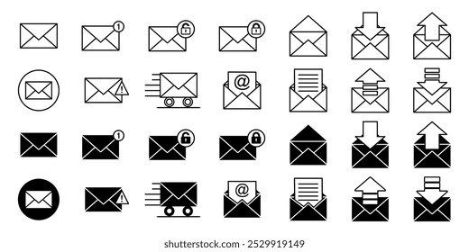 Ícone de envelope de email e email define conceitos estilo de linha fina, post, carta, notificação, texto da mensagem - traço editável. Conjunto de ícone de design plano para web, site, aplicativo móvel. Ilustração vetorial