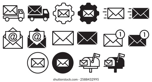 Mail, E-mail, email, envelope icon set for delivery and shipping. Containing send, inbox, contact us, electronic mail, newsletter, message, button, mailbox, post, and settings. vector icon set, eps.