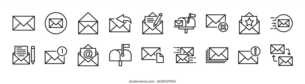 Mail, e-mail, envelope, E-mail icon set. Contains new message, all newsletter, sent, open, write, reply, delete, favorite, send, mailbox, draft, response, chat, spam, post, receive, inbox. Vector