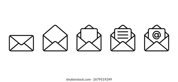 Conjunto de ícones de envelope de email e email. Fechado, aberto, carta recebida, mensagem de texto e caixa de entrada com símbolo de sinal de menção