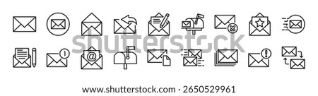 Mail, e-mail, envelope, E-mail icon set. Contains new message, all newsletter, sent, open, write, reply, delete, favorite, send, mailbox, draft, response, chat, spam, post, receive, inbox. Vector