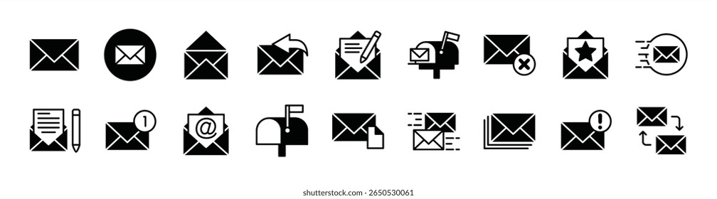 Mail, e-mail, envelope, E-mail icon vector set. Contains new message, all newsletter, sent, open, write, reply, delete, favorite, send, mailbox, draft, response, chat, spam, post, receive, inbox