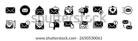 Mail, e-mail, envelope, E-mail icon vector set. Contains new message, all newsletter, sent, open, write, reply, delete, favorite, send, mailbox, draft, response, chat, spam, post, receive, inbox