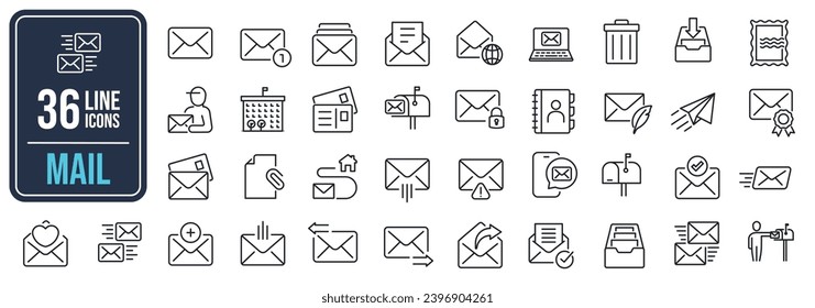 Iconos de línea delgada Mail, Email, Envelope. Ilustración gráfica vectorial. Para diseño de sitios web, logotipo, aplicación, plantilla, ui, etc.